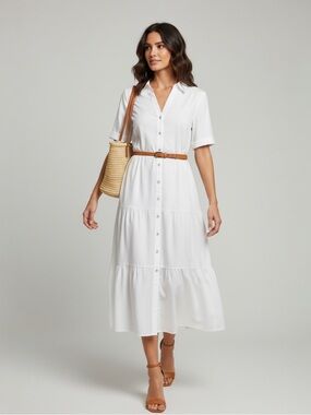 Moda Me Couture Boho Vibes White Button down Ruffle Short Sleeve Dress size L